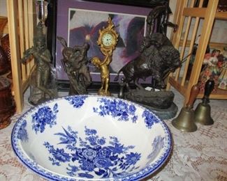 statues & large flow blue bowl