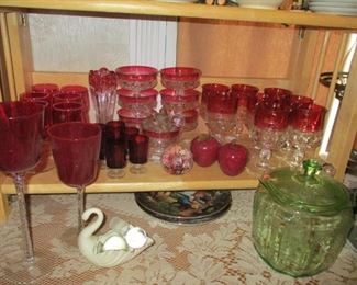 kings crown stemware & green depression cookie jar