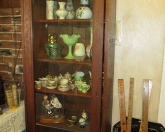 oak bookcase, glass & china