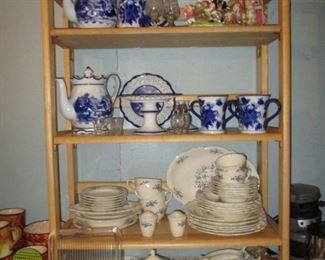 cookie jar, blue & white tea pot & mugs, dishes