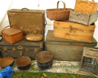 cast iron pots & wood trunk & baskets