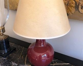 One of a pair of porcelain and rosewood base lamps. 19" h. $240 