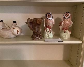 Porcelain pair of owls, sloth and monkey for sale in person.
