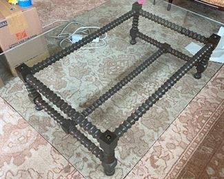 Glass top coffee table with wood base. 56" x 40" x 16"h. $380. Glass can easily be cut to narrower size. 