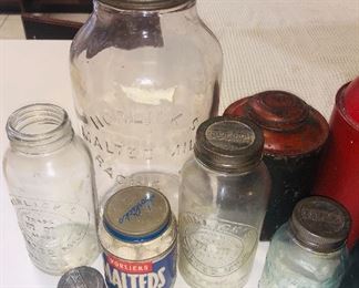 Vintage Horlick Malted Milk Jars from Racine, Wisconsin - Hoosier Cabinet tins.