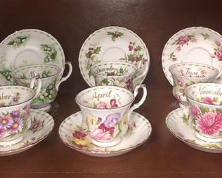 Royal Albert Flower of the month tea cups and saucer sets.