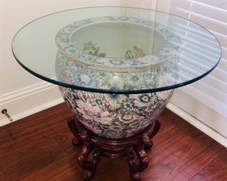 Golden peony porcelain goldfish bowl w/stand and plate glass