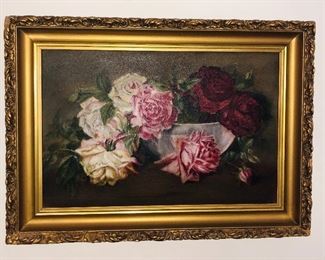 Hand painted oil rose painting in gold frame