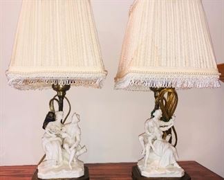 Pair of antique European porcelain figurine lamps