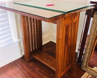 Mission style oak drop leaf table with plate glass top