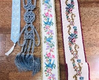 Small Hardanger blue bell pull and other various Tapestry Bell Pulls. 