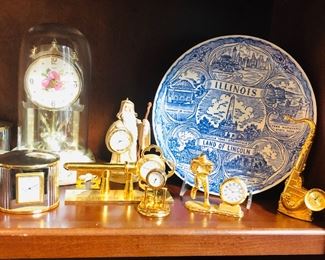 Hallmark ornament clock- Father Christmas- Linden China anniversary clock (pink roses),  pair of Wallace trinket box mini clocks.