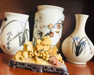 3 Vintage South Korean vases and carved soap stone grapevine sculpture.