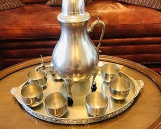 Royal Holland Pewter Chocolate/ coffee/tea server/dispenser with Stieff pewter Jefferson cups and tray.
