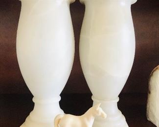Pair of alabaster vases and ivory miniature horse.