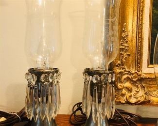 Antique pewter mantel lamps with prisms and etched glass! Gorgeous!!