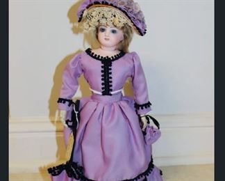 13.5” Jumeau French Fashion Doll.  Bisque head, kid shaped body.  Purchased from Richard Wright, doll expert from Pennsylvania.  Comes with parasol