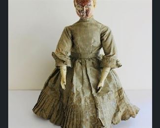 Joel Ellis 15” Doll.  Wood head, hard maple body, pewter hands, jointed.  Springfield, Vermont.  1870’s.  Extremely Rare!  Lady in pale green striped dress.