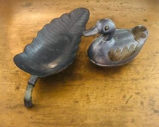 Antique pewter from China- duck with brass accents and oval leaf with jade handle