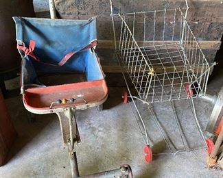 Antique 50s stroller and toy grocery buggy