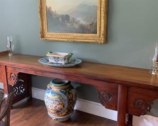 Un presidented Asian Alter Table.  All one hand carved piece. No screws. Gorgeous Patina.  9 Feet Long. Will grace any room.  $3450.