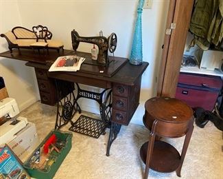 Singer Treadle Sewing Machine and Vintage Sewing Basket
