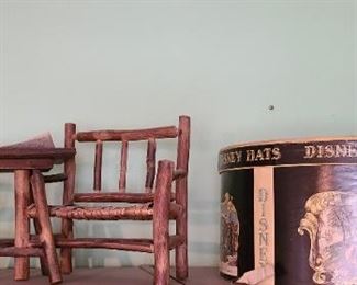 Disney hat box and vintage doll furniture 