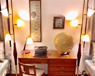 MCM desk in Teak with decorative brass plaques 
Tension pole lamps sold as a set with the other 2 matching desk lamps 