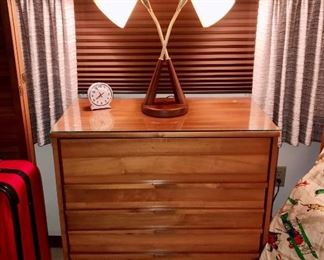 MCM Teak Chest with Brass finger plaques 
Double light and single lights and 2 matching tension pole lamps all being sold as a set. 