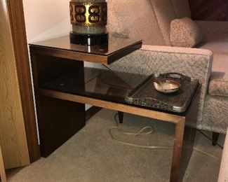 Custom made MCM mahogany cantilever style side table with glass tops 