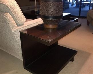 Custom made MCM mahogany cantilever style side table with glass top