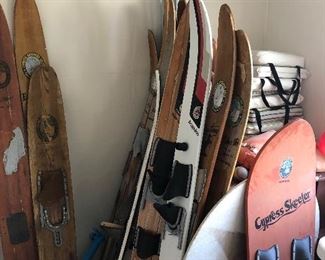 Several vintage and used skis from Cypress Gardens.  Dick Pope, El Diablo.  Slalom, Trik Master.  