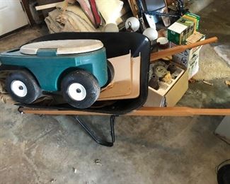 Wheel barrow, garden seat/wagon.