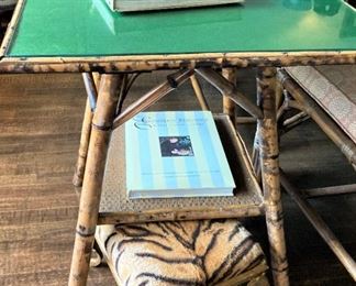 Vintage bamboo table with glass top; small tiger print upholstered stool