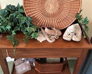 Accent table; vintage baby shoes