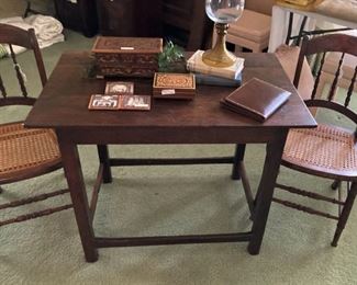 Antique table & 2 cane seat chairs