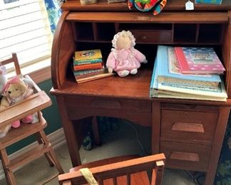 Child's desk chair and roll top desk; doll high chair