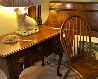 Another small table; Windsor chair; headboard; 1 or 2 pig lamps