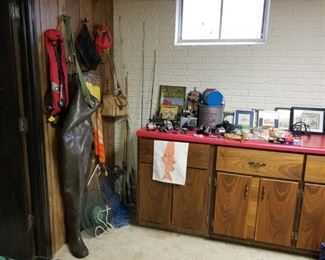 lots of fishing equipment, waders size 12