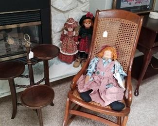 Ethan Allen 3 tier table and antique rocker with collectible dolls