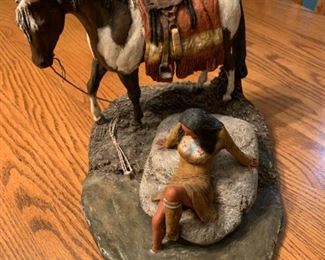 CLEARANCE  !  $6.00 NOW, WAS $20.00........DANIEL MONFORT SCULPTURE "INDIAN GIRL WITH HORSE", Horses ears have been chipped sold as is(J560)