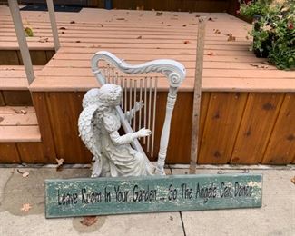 REDUCED!  $18.75 NOW, WAS $25.00.................Angel and Harp Yard Art with Sign (J628)