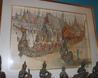 Thai Royal Barge Procession, King of Thailand’s Royal Barge painting. Matt is Thai Silk,  Prasert