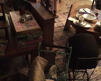 Antique carriage, shopping cart, quilts, linens, vintage board games, primitives, dishes