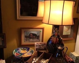 Silver plate, lamp, pottery, cookbooks, furniture