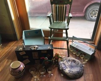 Depression glassware, wool seat pads, suitcase, Indian pottery, painted furniture, turtles