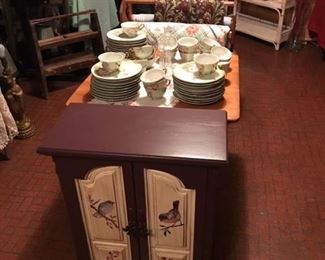 Bird cabinet, dishes, primitives, furniture, quilts