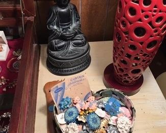Buddha, vintage sewing supplies, letter opener
