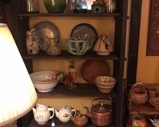 Copper tea kettle, pottery, glassware