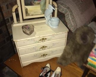Children’s dresser, shoes, vintage glassware
